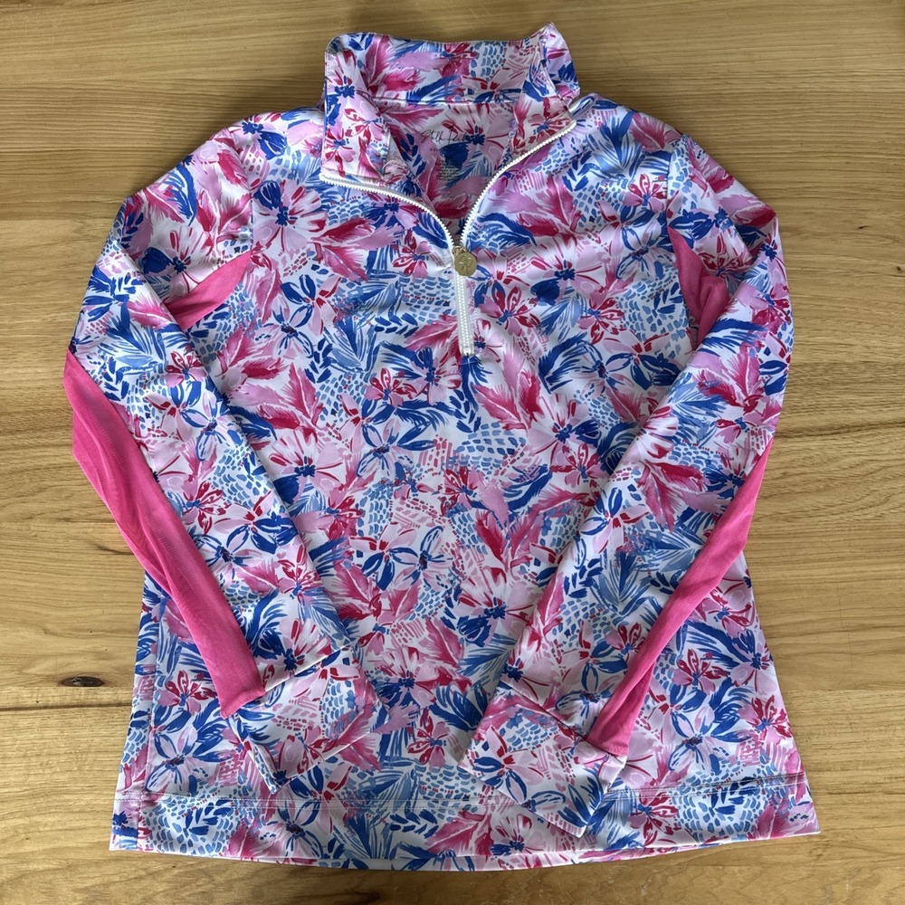 Stella Parker Blue & Pink Floral Sport Womens Top Medium 1/4 Zip Golf Collection